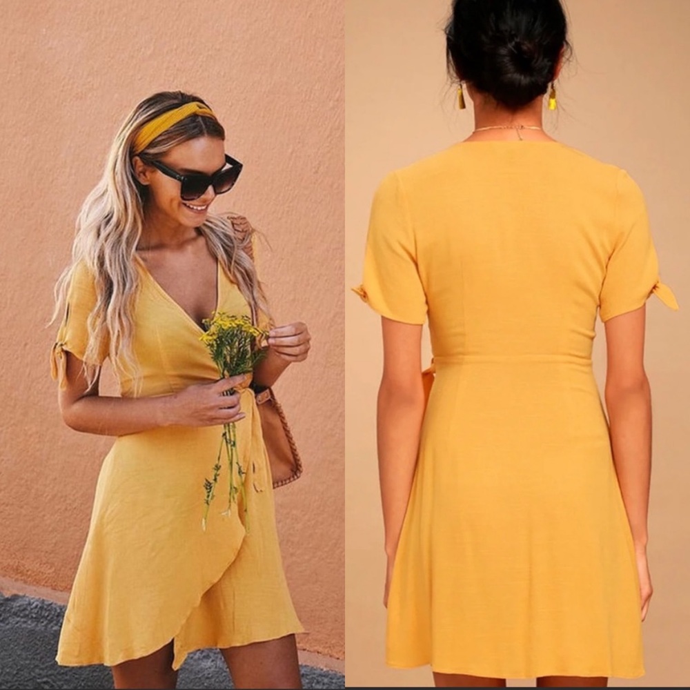 Lulu’s My Philosophy Golden Yellow Wrap Mini Dress NWT | Small